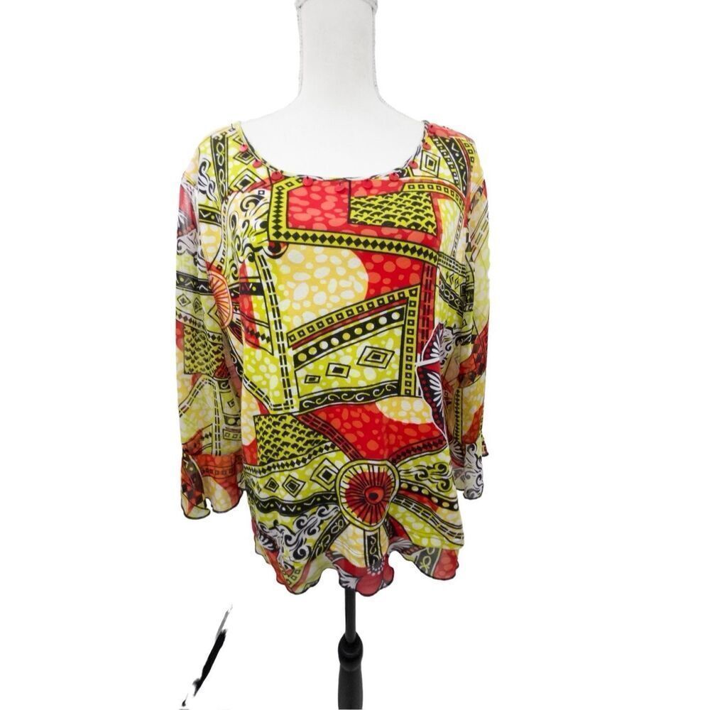 Multiples vibrant colourful three-quarter sleeve top with jewel detail around th